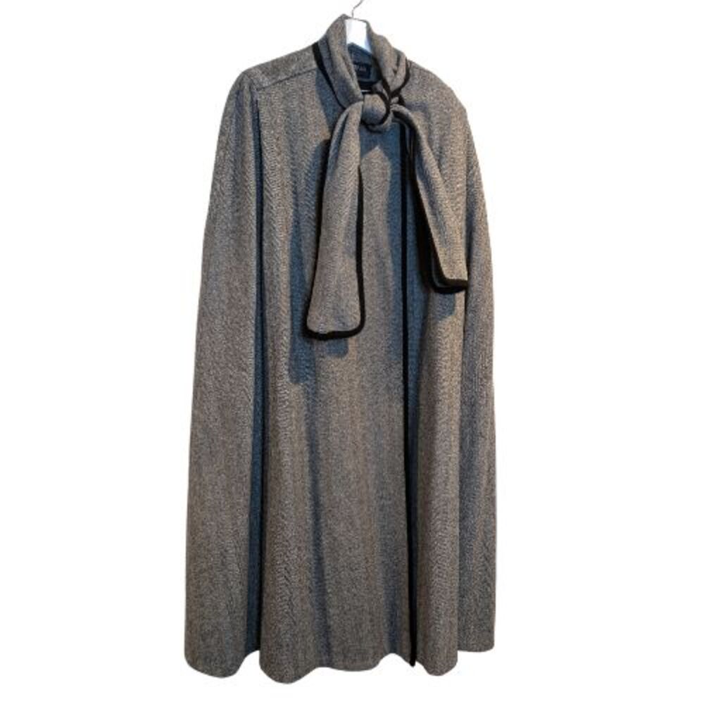 1980's Alorna Wool Cape in Gray Herringbone Pattern Elegant with Black Trim VTG
